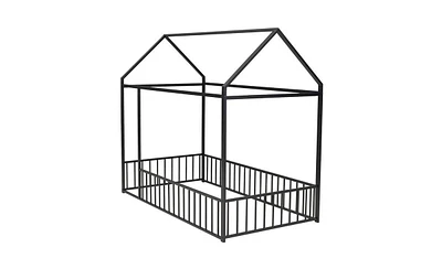 House Bed Frame with Fence for Kids' Room, Playful and Safe Design