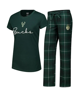 Concepts Sport Women's Hunter Green Milwaukee Bucks Vector T-Shirt Flannel Pants Sleep Set