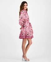 Anne Klein Women's Printed Long-Sleeve Belted Shirtdress