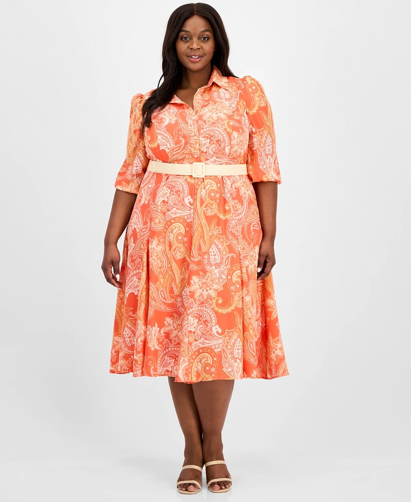 Tahari Asl Plus Printed Belted Midi Shirtdress