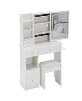 50.40"Small Size Left Drawer Desktop Vanity Table + Cushioned Stool, 2 Ac+2 Usb Power Station, Hair dryer bracket,White