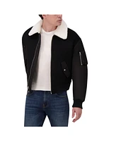 Hudson Jeans Men's Wool Bomber Jacket With Nylon Sleeves And Faux Shearling Collar