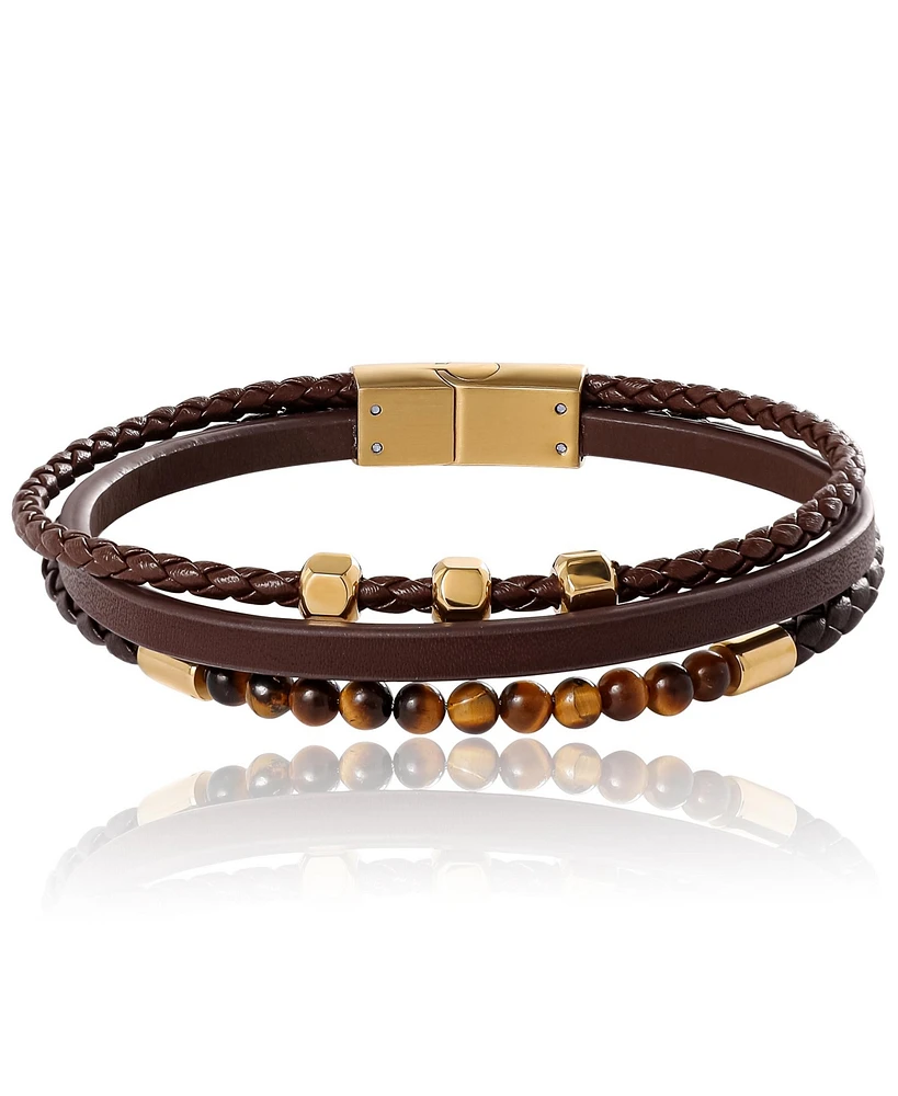 Lucky Brand Stainless Steel (316L) Triple Row Brown Cord Bracelet - 8.25"