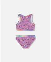 Deux par Girl Printed Two-Piece Swimsuit Old Mauve And Multicolored Butterflies - Toddler|Child