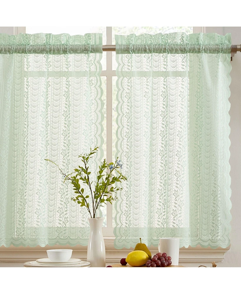 Hlc.me Sophia Floral Rod Pocket Lace Semi Sheer Voile Short Cafe Tiers for Small Windows - 28 x Inch Length (Seafoam Green Tiers