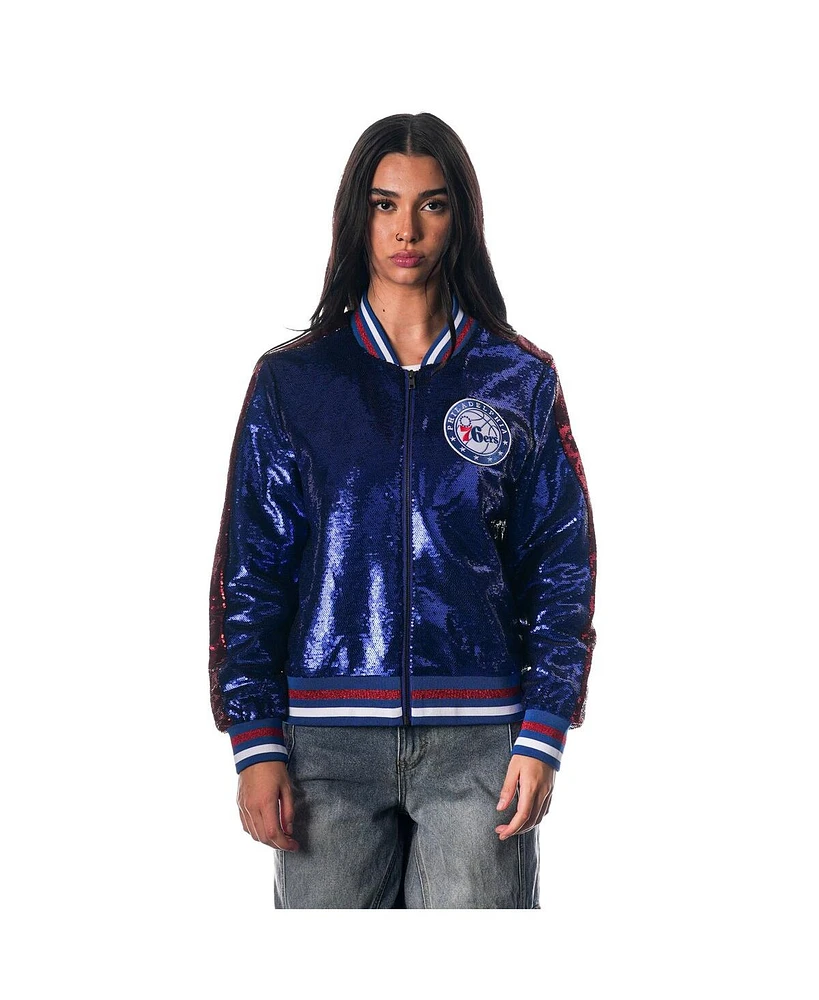 The Wild Collective Women's Royal Philadelphia 76ers Sequin Bomber Full-Zip Jacket