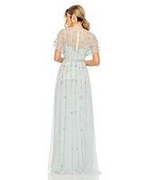 Mac Duggal Women's V-Neck Embellished Flutter Sleeve A Line Gown