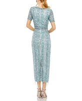Mac Duggal Women's High Neck Short Sleeve Crystal Fringe Column Dress