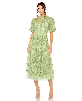 Mac Duggal Women's Floral Flutter Sleeve Mesh Print Dress