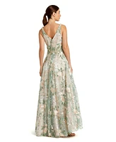 Mac Duggal Women's Floral Embroidered Illusion V-Neck Gown