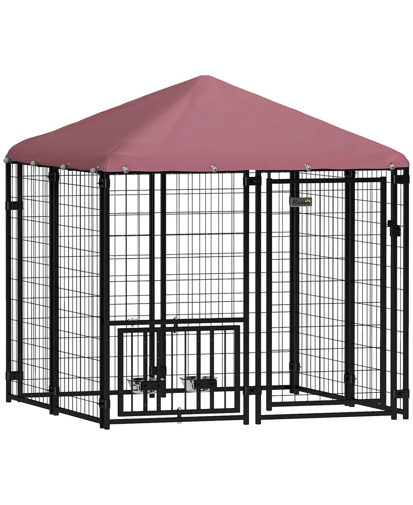 PawHut Outdoor Dog Kennel with Rotating & Adjustable Bowls, 4.6' x 4.6' x 5'