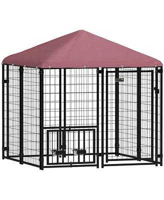 PawHut Outdoor Dog Kennel with Rotating & Adjustable Bowls, 4.6' x 4.6' x 5'