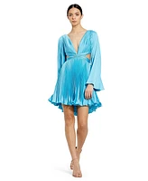 Mac Duggal Women's Pleated V-Neckline Cutout Long Sleeve Mini Dress