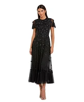 Mac Duggal Women's Embellished High Neck Cap Sleeve A Line Dress