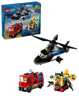 Lego City Helicopter and Fire Truck and Submarine Remix Building Toy 60462, 874 Pieces