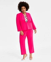 Kasper Plus Size Open Front Blazer Printed Blouse Stretch Crepe Straight Fit Suit Pants