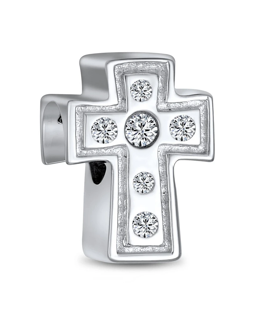 Bling Jewelry Simple Sparkling Cz Cross Charm Bead for Communion Weddings Sterling Silver Bracelet