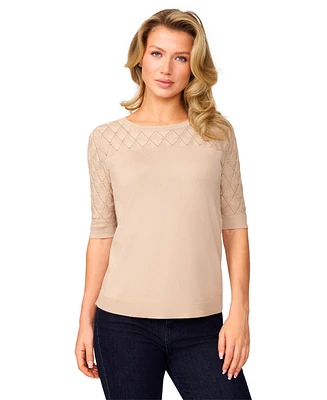 Melissa Paige Women's Yoke Wave Stitch Elbow-Sleeve Sweater