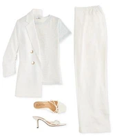 Bar Iii Womens Ruched Sleeve Open Front Linen Blazer Printed Mesh Crewneck Top High Rise Pull On Linen Pants Exclusively At Macys