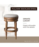 Maven Lane Pullman Backless Bar Stool in Weathered Oak Finish w/ Sand Color Fabric Upholstery, Set of 4