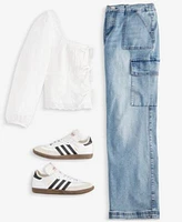 Juniors Tie Front Crop Top Cargo Skater Jeans