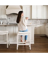 Maven Lane Adrien Saddle Bar Stool in White Oak Finish w/ Natural Fabric Upholstery, Set of 2