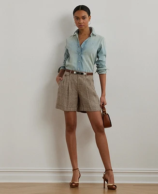 Lauren Ralph Women's Glen Check Pleated Linen Twill Shorts