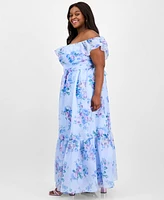 B Darlin Trendy Plus Off-The-Shoulder Floral-Print Gown