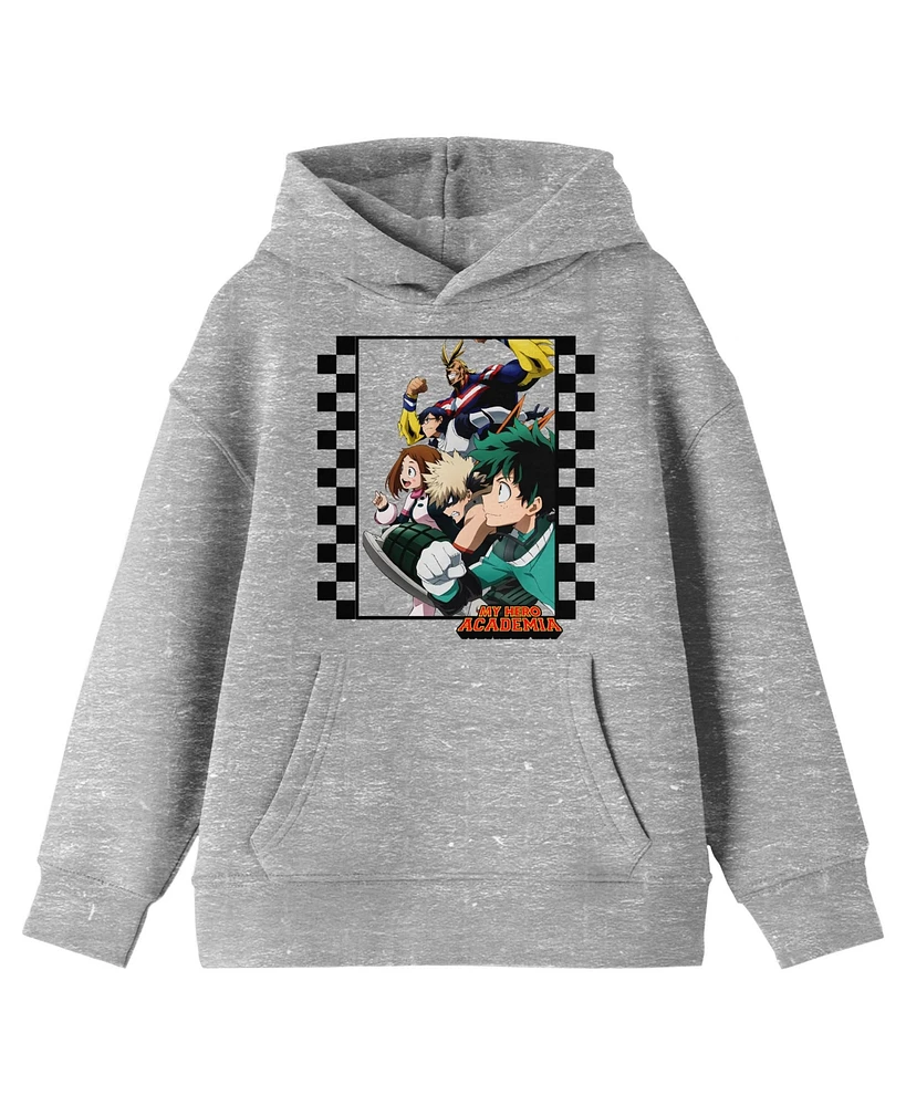 My Hero Academia Boys Group Art Checkered Frame Long Sleeve Athletic Heather Youth Hooded Sweatshirt-xl