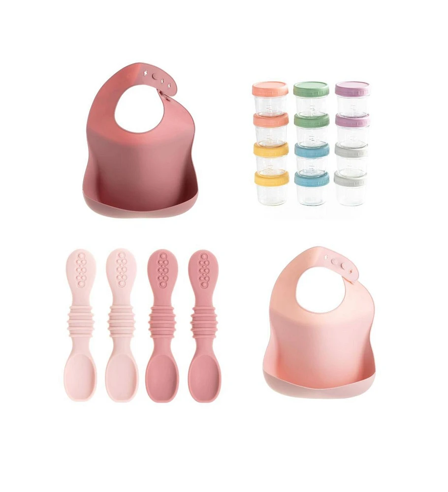 Sperric 12pc Glass Baby Food Storage Jars, 4 Silicone Baby Spoons & 2 Silicone Bibs, Baby Mealtime Essentials – Bpa-Free, Leakproof, and Dishwa