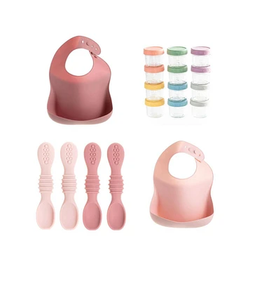 Sperric 12pc Glass Baby Food Storage Jars, 4 Silicone Baby Spoons & 2 Silicone Bibs, Baby Mealtime Essentials – Bpa-Free, Leakproof, and Dishwa