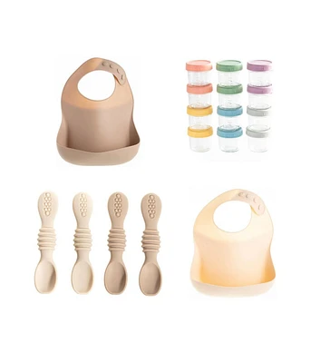 12pc Glass Baby Food Storage Jars, 4-Pack Silicone Self-Feeding Spoons & 2 Bibs, Mealtime Essentials – Bpa-Free, Leakproof,