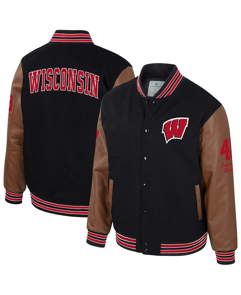 Colosseum Men's Black Wisconsin Badgers Letterman Full-Snap Varsity Jacket