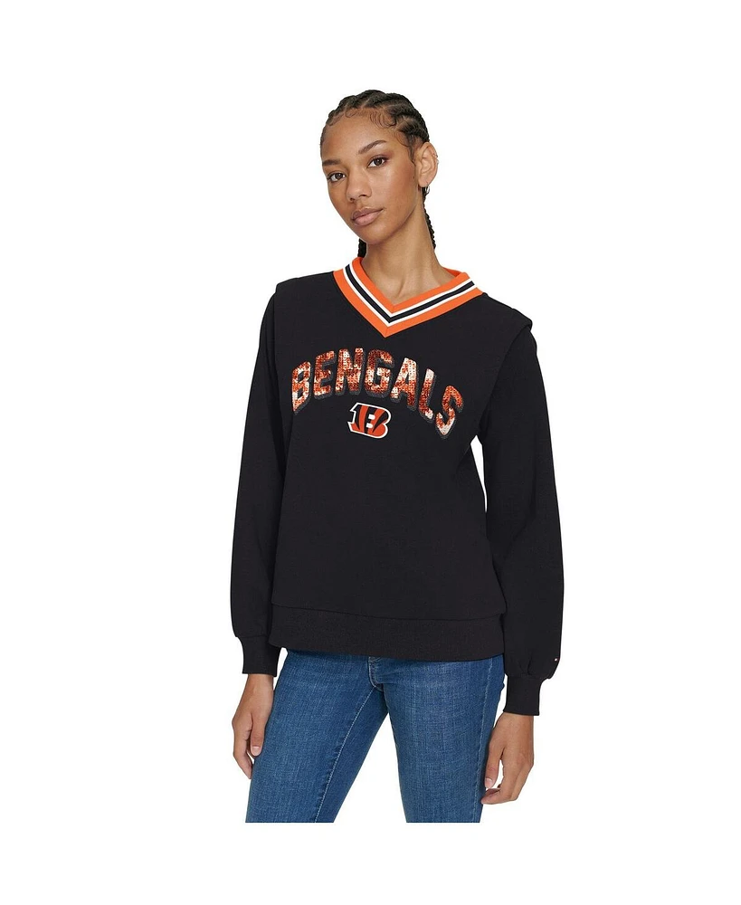 Tommy Hilfiger Women's Black Cincinnati Bengals Alice V-Neck Pullover Sweatshirt