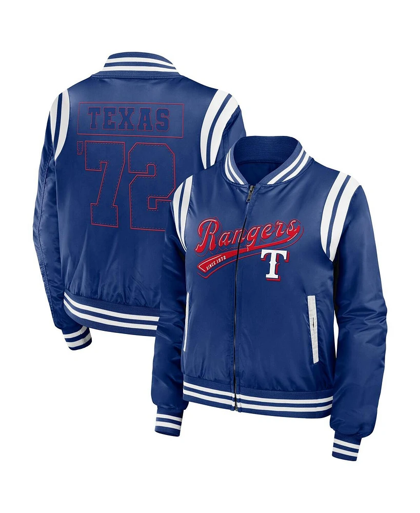 Wear by Erin Andrews Women's Royal Texas Rangers Football Bomber Jacket