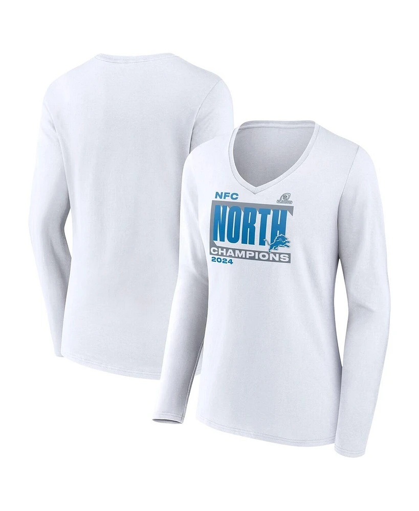 Fanatics Women's White Detroit Lions 2024 Nfc North Division Champions Conquer Long Sleeve V-Neck T-Shirt