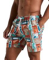 Original Penguin Men's Slim Fit Surf Print Drawstring 7" Swim Trunks