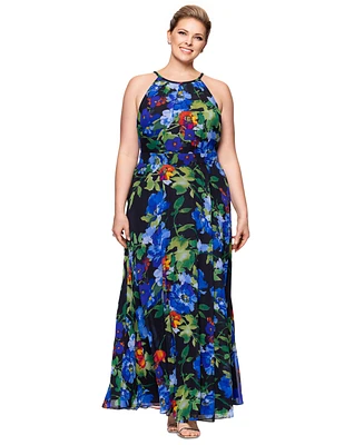 Betsy & Adam Plus Floral-Print Halter Gown