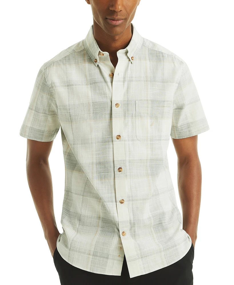 Nautica Men's Short Sleeve Button-Down Plaid Oxford Shirt