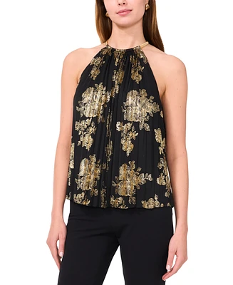 Msk Women's Metallic Floral-Print Pleated Top