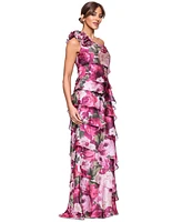 Xscape Women's Floral-Print Tiered One-Shoulder Gown