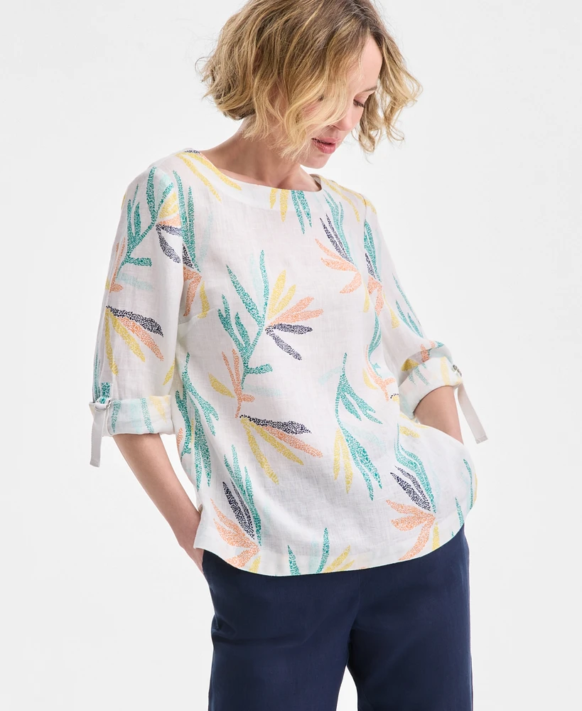 Charter Club Petite Printed Boat-Neck Linen 3/4-Sleeve Blouse, Exclusively at Macy's