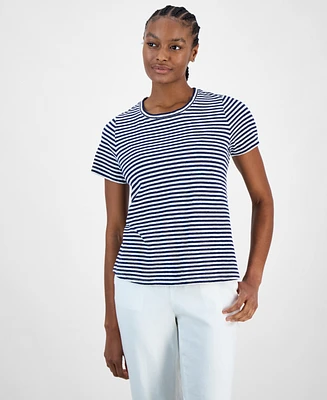 Charter Club Women's Striped Crewneck Short-Sleeve Linen-Blend Top, Exclusively at Macy's