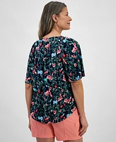 Style & Co Women's Printed Flutter-Sleeve Split-Neck Top, Created for Macy's