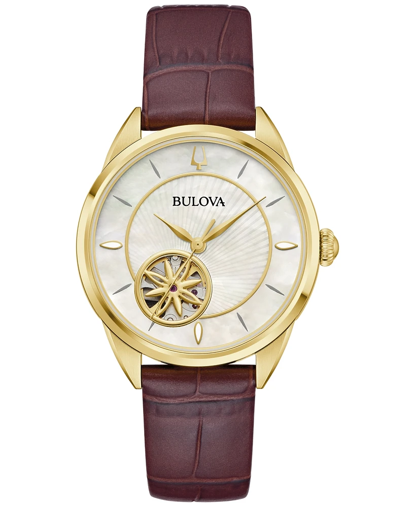 Bulova Women's Sutton Automatic Brown Leather Strap Watch 34.5mm