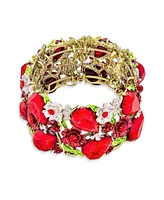 Bling Jewelry Wide Red Crystal Flower Cuff Bracelet in Oxidized Gold Plating Flexible Design