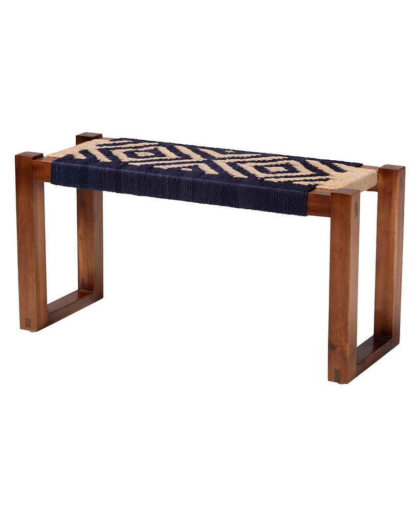 bali & pari Prunella Modern Bohemian Two-Tone Navy Blue and Natural Brown Seagrass and Acacia Wood Accent Bench