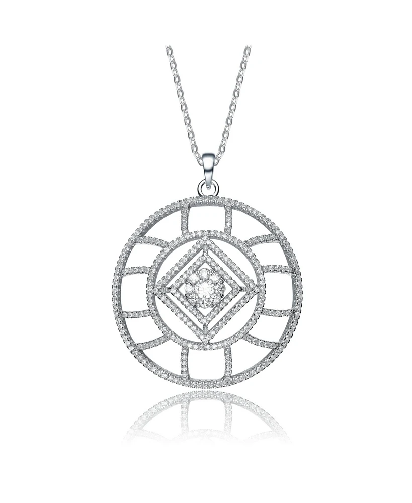 White Gold Plated with Clear Cubic Zirconia Geometric Halo Pendant Necklace