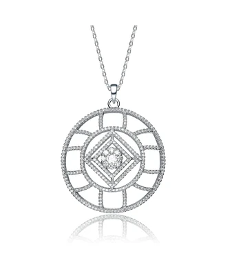 White Gold Plated with Clear Cubic Zirconia Geometric Halo Pendant Necklace