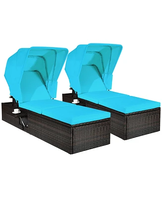 2PCS Patio Rattan Lounge Chair Chaise Cushioned Top Canopy Adjustable